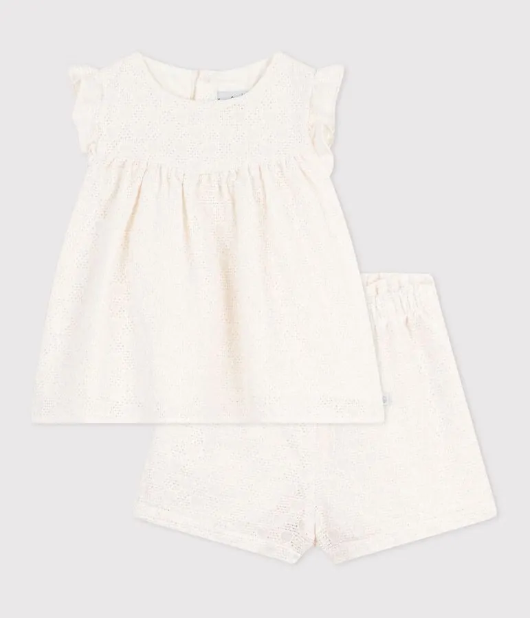Ensemble bébé 2 pièces en broderie anglaise, motif cœurs