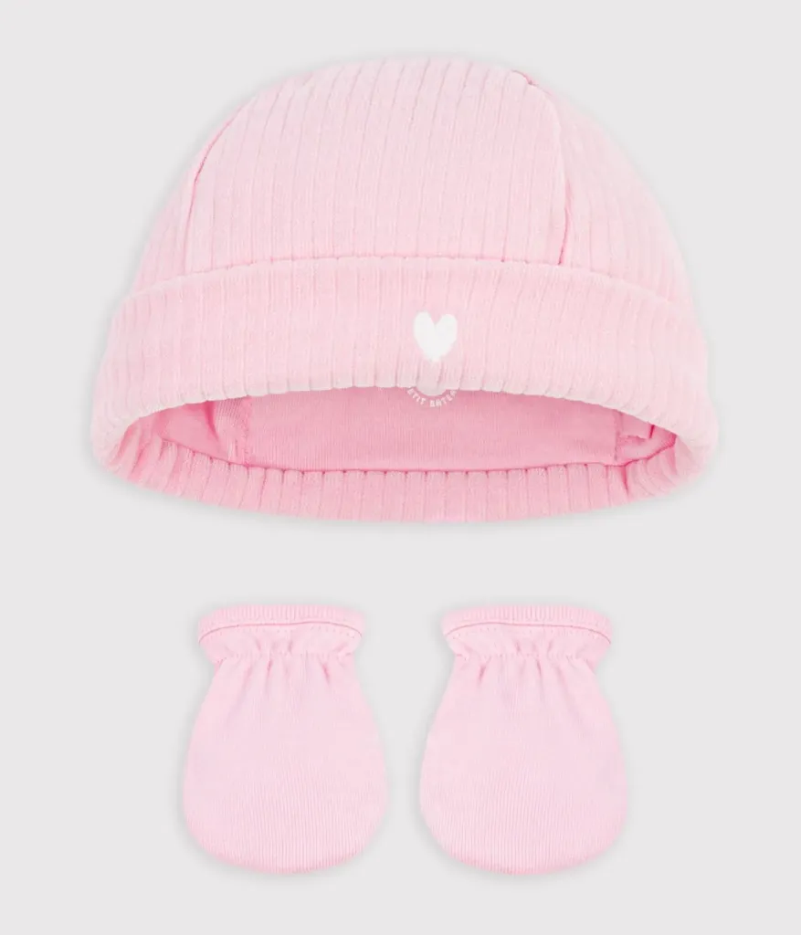 PETIT BATEAU Bonnet + moufles (1 mois, Rose)