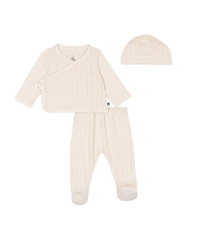 PETIT BATEAU Ensemble long 3 pièces bébé en coton ajouré et son bonnet (1 mois)