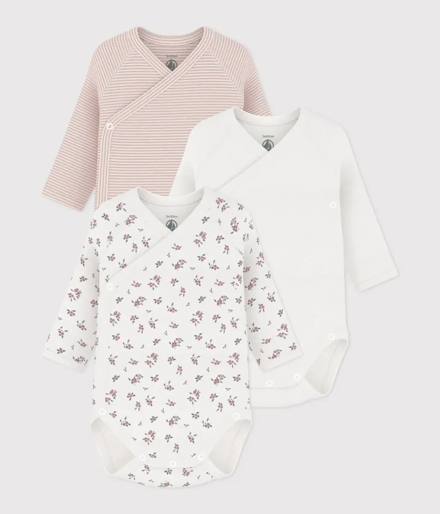 PETIT BATEAU Lot de bodies croisés manches longues en coton imprimé bébé